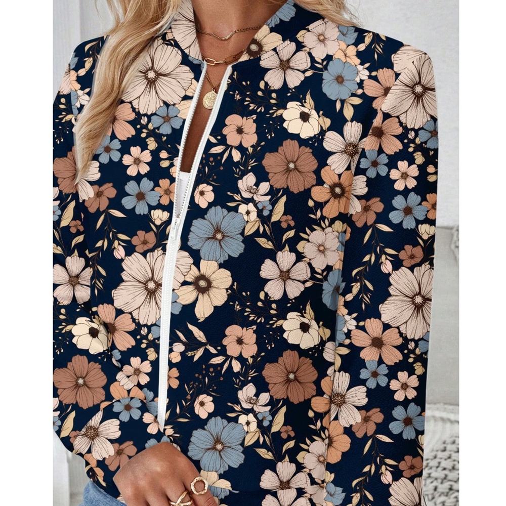 031 Boho Navy Blue Floral Print Zipper Jacket Shacket - Picture 4 of 4